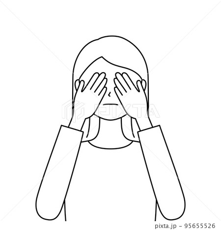 両手で目をふさいでいる女性のイラスト・見ざる(白背景・ベクター・線画・切り抜き) 両手で目をふさいでいる女性のイラスト・見ざる(白背景・ベクター・線画・切り抜き) 95655526