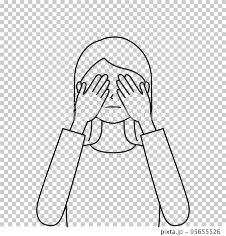両手で目をふさいでいる女性のイラスト・見ざる(白背景・ベクター・線画・切り抜き) 両手で目をふさいでいる女性のイラスト・見ざる(白背景・ベクター・線画・切り抜き) 95655526
