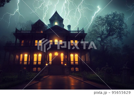 Abandoned ghost house scary night spectacular 3D illustration digital painting Abandoned ghost house scary night spectacular 3D illustration digital painting 95655629