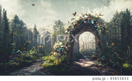 Spectacular archway in fantasy forest. Digital art 3D illustration Spectacular archway in fantasy forest. Digital art 3D illustration 95655633