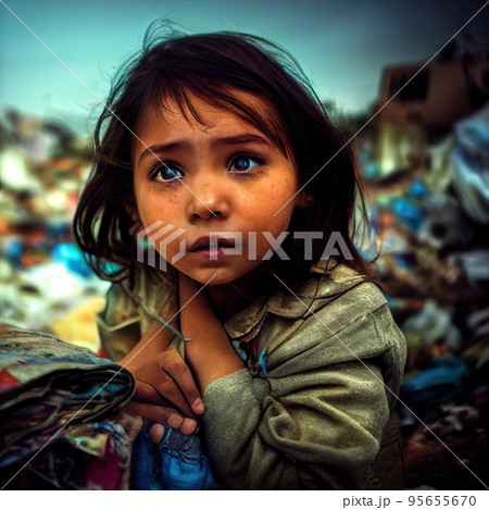 Imaginative character girl in landfill spectacular digital art 3D illustration 95655670