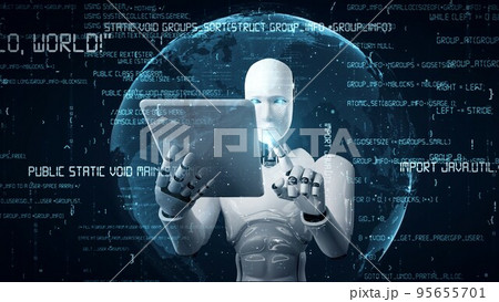 Futuristic robot artificial intelligence huminoid AI programming coding Futuristic robot artificial intelligence huminoid AI programming coding 95655701