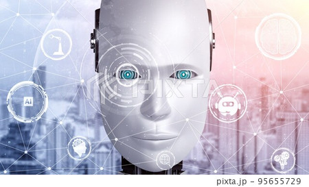 Robot hominoid face close up with graphic concept of AI thinking brain 95655729