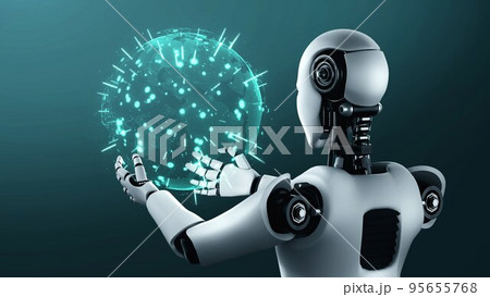 AI hominoid robot holding hologram screen shows concept of global communication AI hominoid robot holding hologram screen shows concept of global communication 95655768