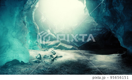 Blue crystal ice cave beneath the glacier in Iceland 95656151