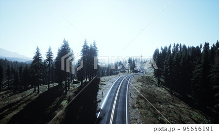 Aerial view of the old road going through pass in the Swiss Alps Aerial view of the old road going through pass in the Swiss Alps 95656191