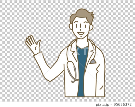 A young male doctor wearing a blue scrub to guide 95656372