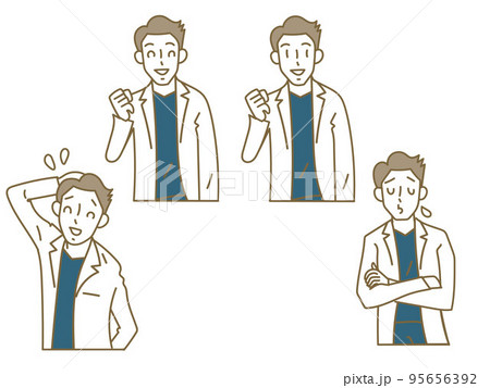 青いスクラブに白衣を羽織った若い男性医師の表情セット 青いスクラブに白衣を羽織った若い男性医師の表情セット 95656392