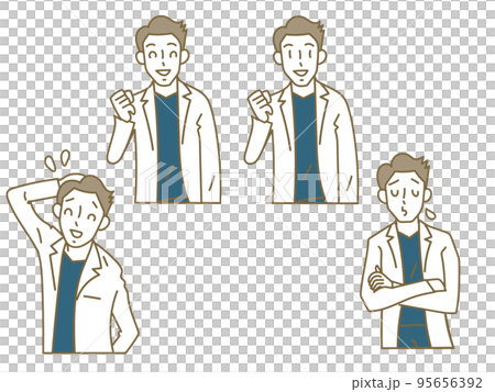 一位年輕男醫生身穿藍色磨砂白大衣的面部表情 一位年輕男醫生身穿藍色磨砂白大衣的面部表情 95656392