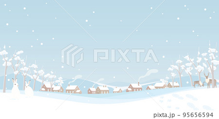 冬の背景イラスト　雪が降る町の風景と森の動物たち 95656594