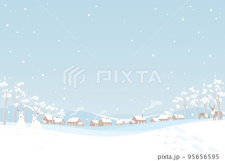 冬の背景イラスト　雪が降る町の風景と森の動物たち　ポストカード　ハガキ 95656595