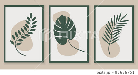 Botanical wall art vector set. Foliage line art drawing with abstract shape.  95656751
