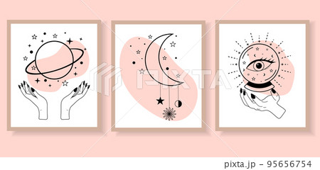 Set of esoteric alchemy mystical magic posters. Celestial talisman with woman hands, planet, moon, stars, eye and magic ball. Spiritual occultism objects.  95656754