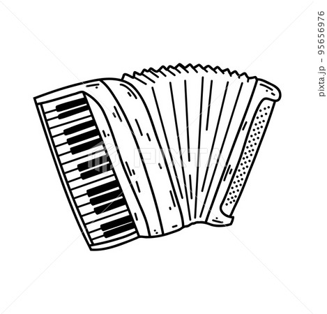 Doodle accordion. Vector sketch illustration of musical instrument, black outline art for web design, icon, print, coloring page 95656976