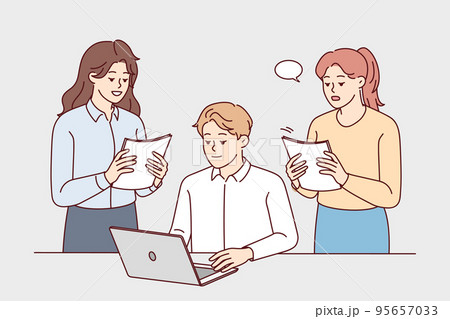 Businesspeople work together on computer in office Businesspeople work together on computer in office 95657033
