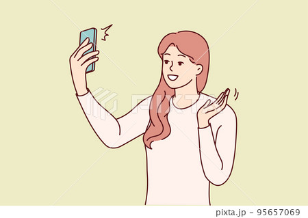 Smiling woman talk on video call on cell  95657069