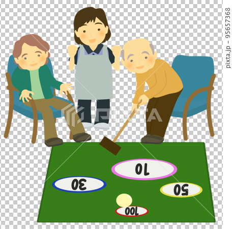 デイサービスでゴルフのレクを楽しむ高齢者と介護士 95657368