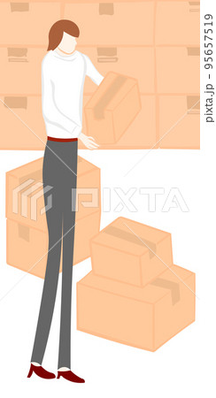 荷物を運ぶ女性とダンボール背景イラスト 95657519