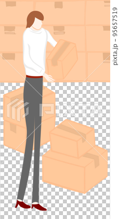荷物を運ぶ女性とダンボール背景イラスト 95657519