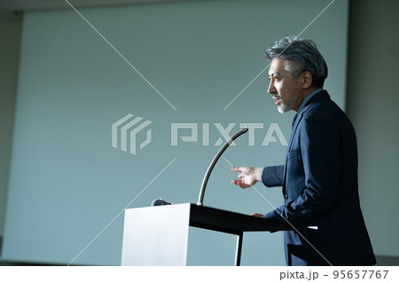登壇するグレイヘアの男性 95657767