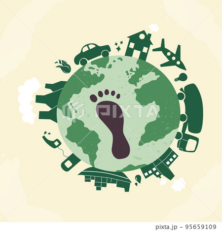 Carbon footprint CO2. Dangerous dioxide effect on planet ecosystem and sustainability. Carbon offset concept. Footprint on the earth flat vector illustration 95659109