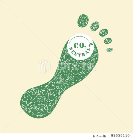 Carbon footprint lable. Eco fiendly flat vector llustration. CO2 neutral green footprint with flowers and leves . Zero or free carbon emissions 95659110