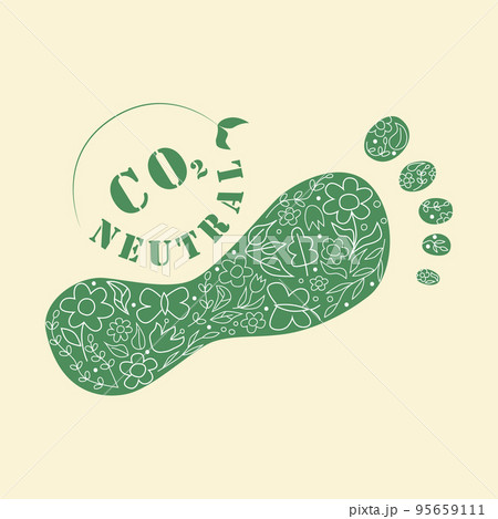 Carbon footprint lable. Eco fiendly flat vector llustration. CO2 neutral green footprint with flowers and leves . Zero or free carbon emissions 95659111