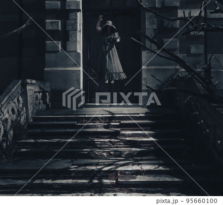 Ghost women floating in the air on abandoned house stairs. Ghost women floating in the air on abandoned house stairs. 95660100