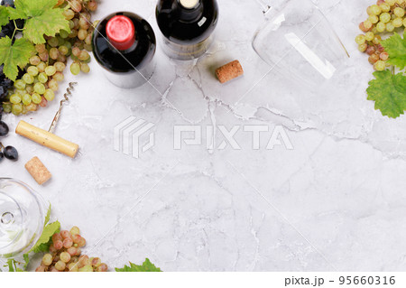 White, rose and red wine glasses and bottles White, rose and red wine glasses and bottles 95660316