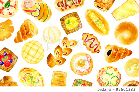おいしそうなパンの背景　食べ物の手描き水彩イラスト素材 95661333