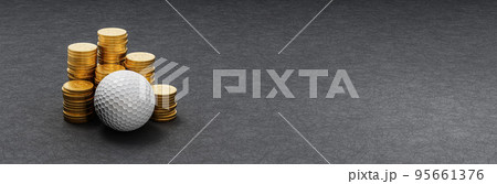 Golf Ball ahead of Stacks of Coins on Dark Background 95661376