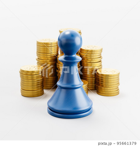 Chess Pawn ahead of Stacks of Coins on Light Gray Background 95661379