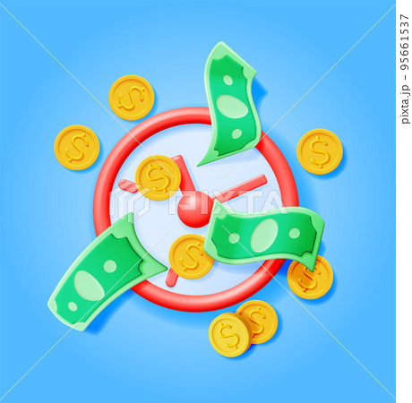 3D Clock with Dollar Banknotes and Coins 95661537