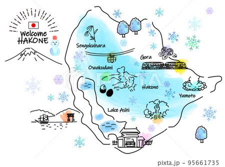 冬の箱根の観光地シンプル線画イラストマップ 95661735