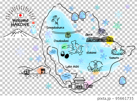 冬の箱根の観光地シンプル線画イラストマップ 95661735