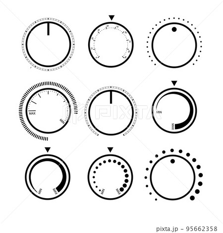 Adjustment dial. Rotary dials with round scale volume level knob and round controller Adjustment dial. Rotary dials with round scale volume level knob and round controller 95662358