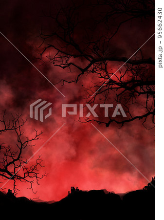 赤く燃える夜空と山と廃屋の風景 95662430