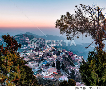 View from Gun Hill the second-highest point in Mussoorie, situated at an altitude of 2024 meters in Mussoorie, Uttarakhand, India 95663410