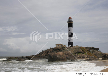 Kapu beach and lighthouse was built in 1901. Kapu lighthouse is 27 meters tall. Constructed on a rock , Mangalore, India 95663419