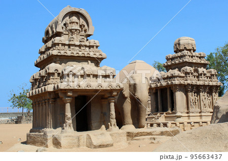 Outer view of Pancha Rathas, (also known as Five Rathas or Pandava Rathas) Mahabalipuram, Tamil Nadu, India. Outer view of Pancha Rathas, (also known as Five Rathas or Pandava Rathas) Mahabalipuram, Tamil Nadu, India. 95663437