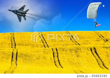 Collage of russian air fighter Mig-29, american parachutist and Ukraine flag from Blue sky and yellow field Collage of russian air fighter Mig-29, american parachutist and Ukraine flag from Blue sky and yellow field 95663585