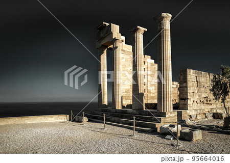Doric columns of temple of Athena Lindia in Lindos acropolis in Rhodes island in Greece 95664016