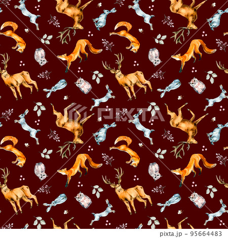 Wild animals, hare, fox, owl, deer watercolor seamless pattern isolated on dark. 95664483