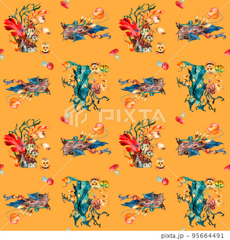 Colorful Halloween haunted houses watercolor seamless pattern isolated on orange 95664491