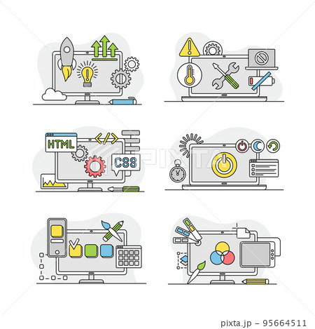 Internet services linear signs set. Data, information security, technical instruments vector illustration 95664511