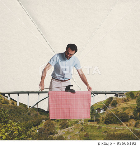 Contemporary collage. Surreal art design with stylish young retro man doing routine household chores over futuristic natural landscape background. 95666192