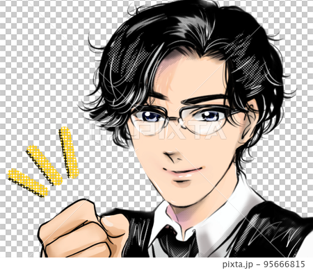眼鏡をかけた黒髪パーマイケメン男性がガッツポーズで応援するカラー漫画イラスト 95666815
