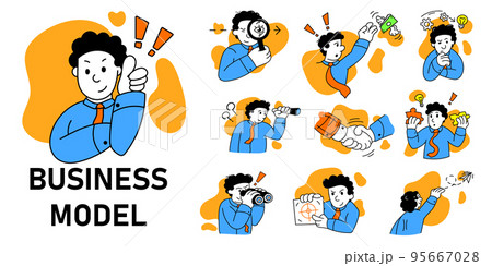 Startup and business development model concept. Cute business man in diverse business activities, process. Vector illustration 95667028