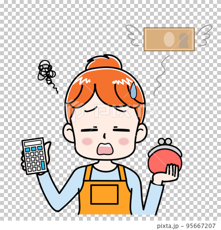 Illustration of a cute housewife who failed to save money Illustration of a cute housewife who failed to save money 95667207