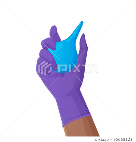 Hand holding pink rubber enema or clyster. Medical cleaning body detox tool. Illustration in cartoon style isolated on white background. Hand holding pink rubber enema or clyster. Medical cleaning body detox tool. Illustration in cartoon style isolated on white background. 95668123